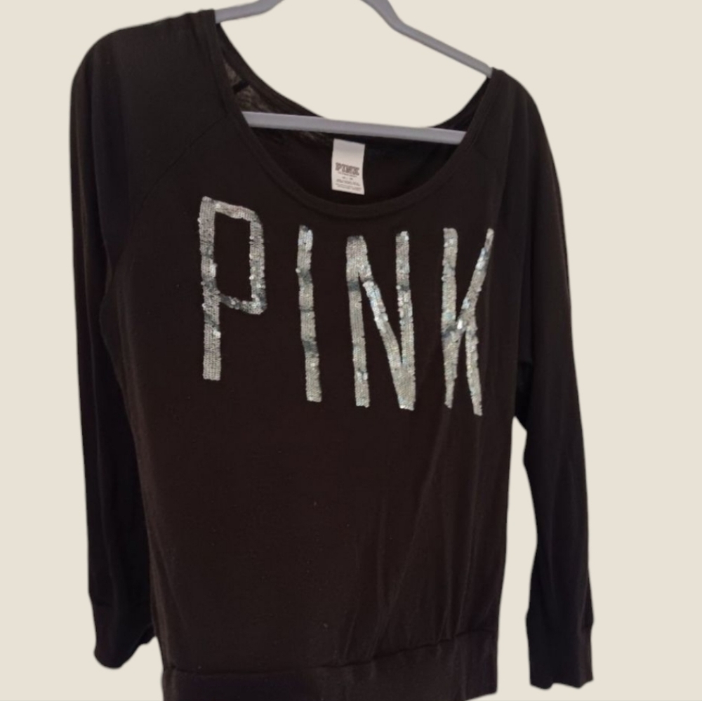 Victoria Secret PINK Women's Medium  Glitter Logo Long Sleeve Shirt Black Y2K